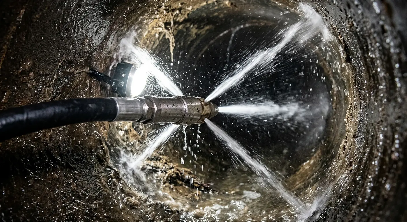 High-pressure hydro jetting nozzle cleaning sewer pipe for Trenchless Sewer Repair in Rocky Mount
