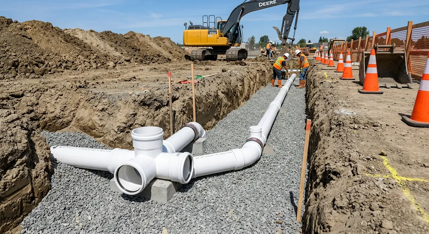 New PVC sewer pipe installation in open trench for Sewer Backup in Rocky Mount