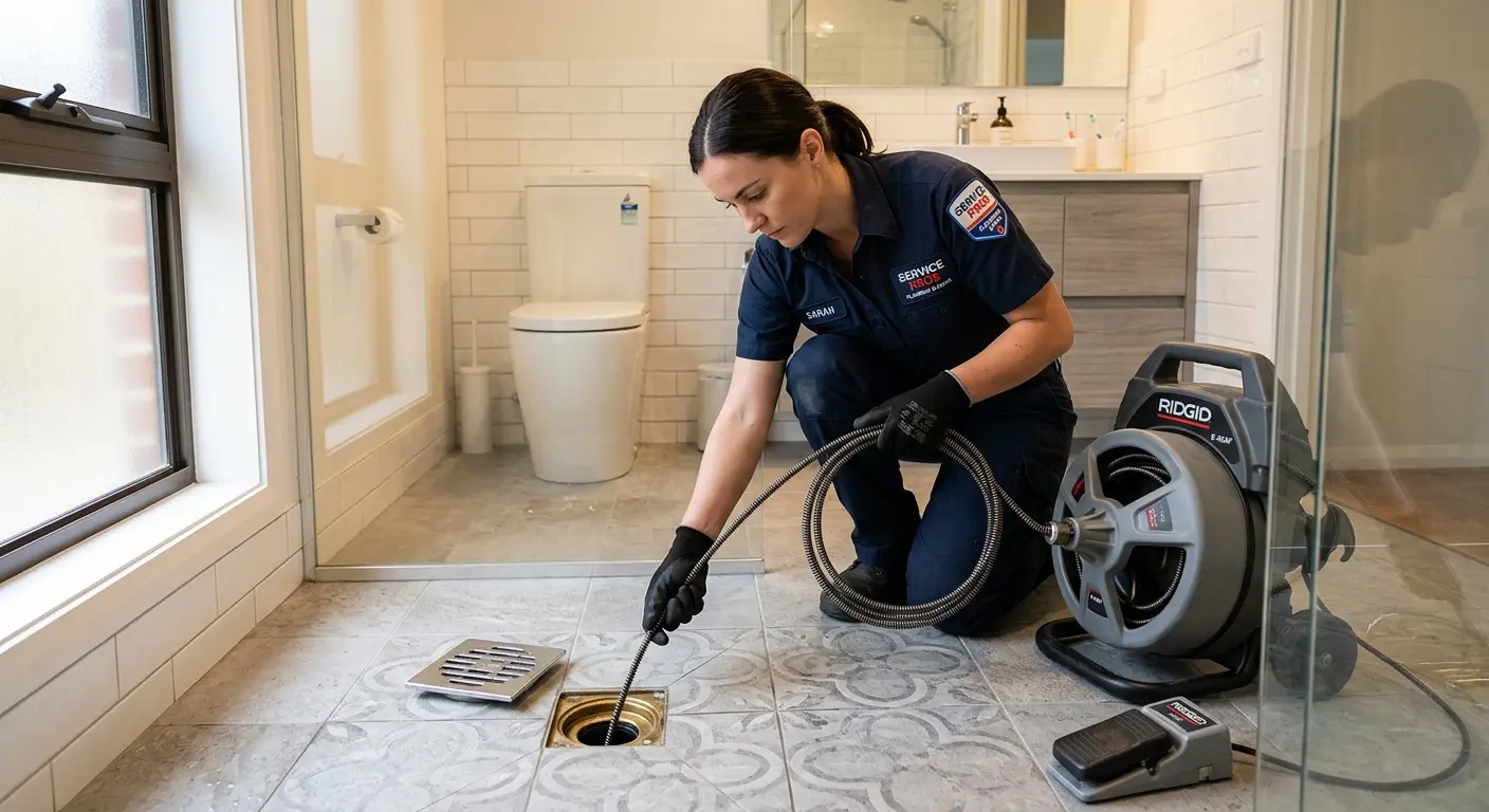 Technician clearing a bathroom floor drain for Drain Cleaning in Rocky Mount